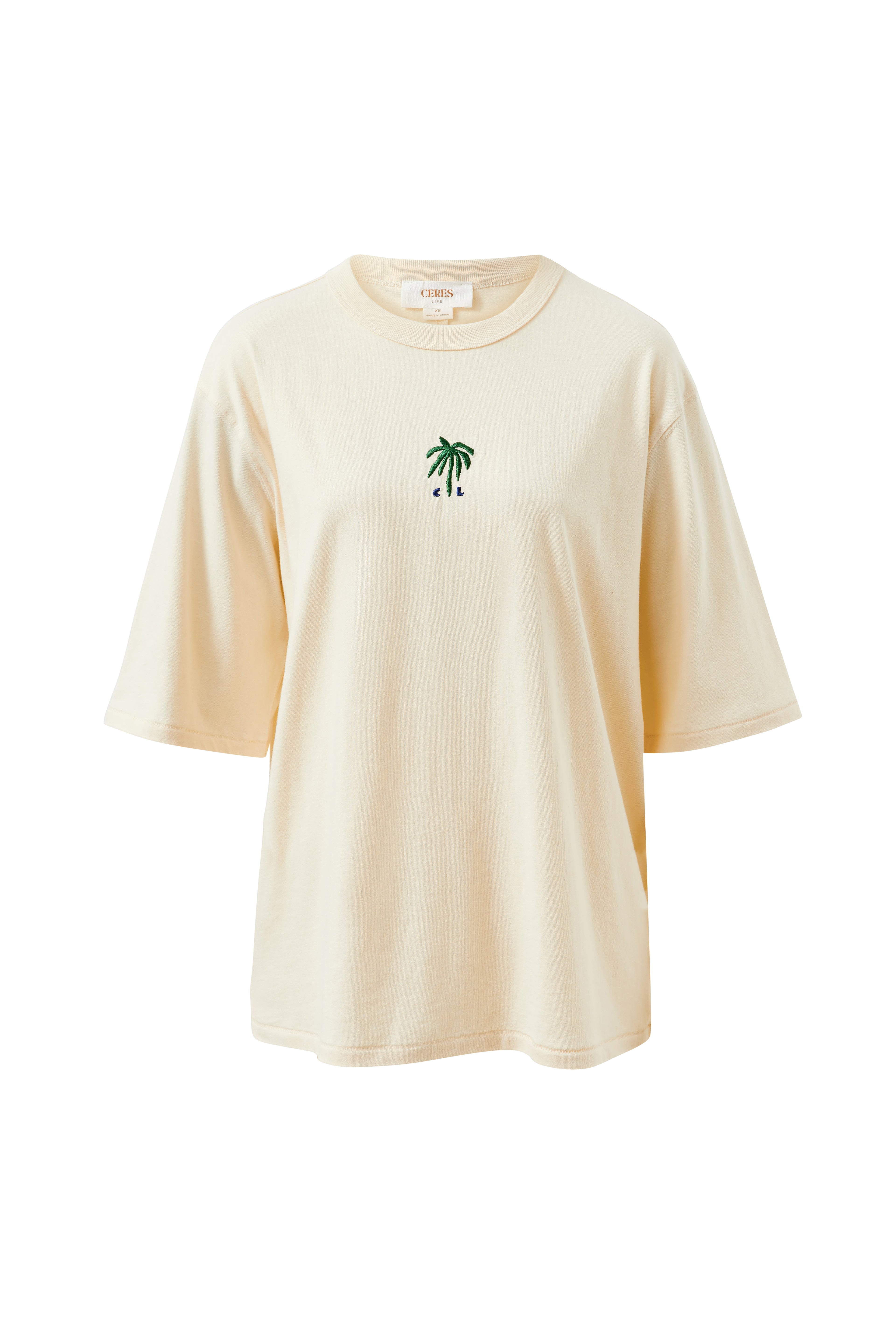 Luna Oversized Tee/Buff/True Navy Palms Embroidery