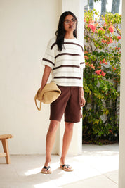 Nellie Boxy Knit Tee/Milk Brunette Wide Stripe