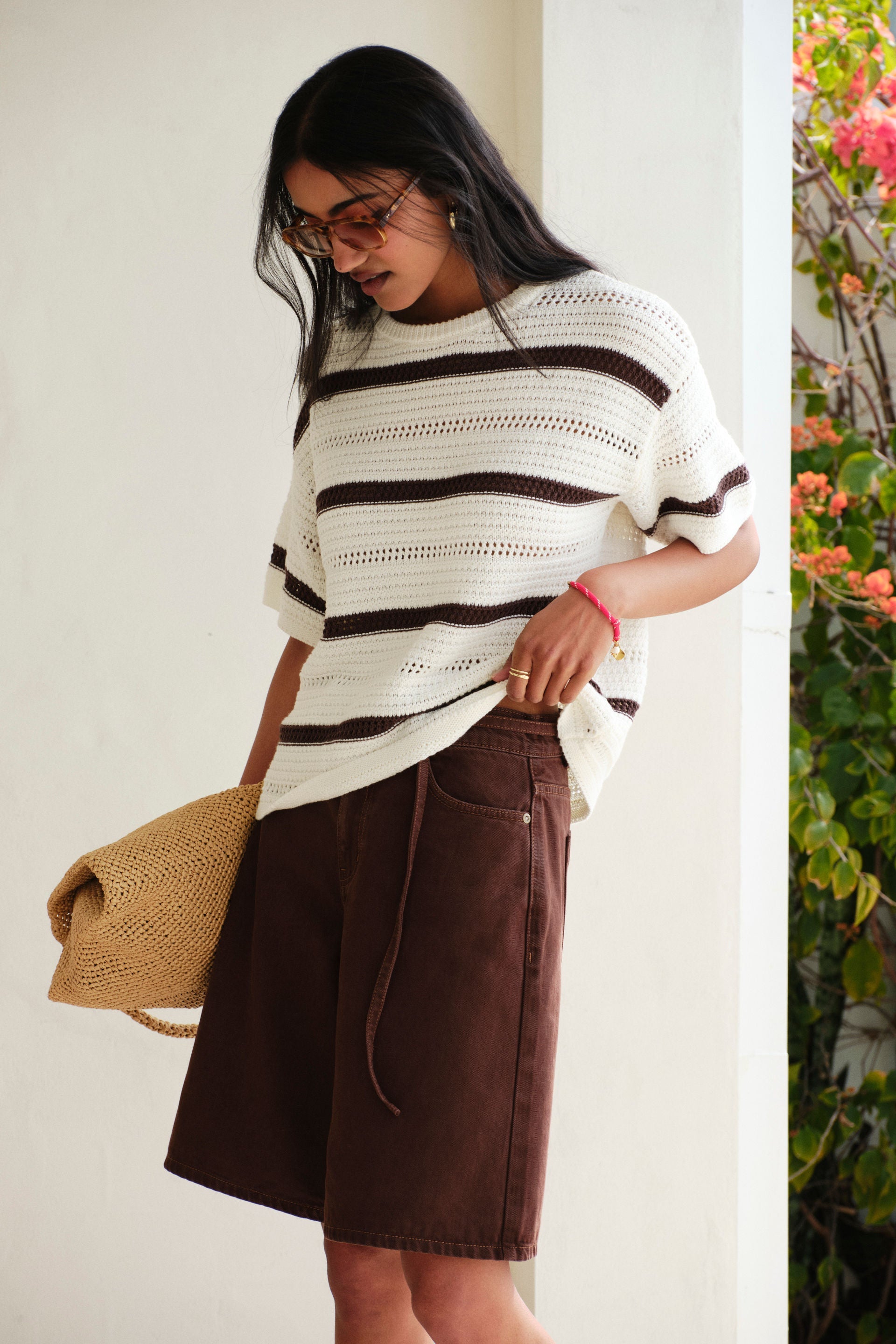 Nellie Boxy Knit Tee/Milk Brunette Wide Stripe