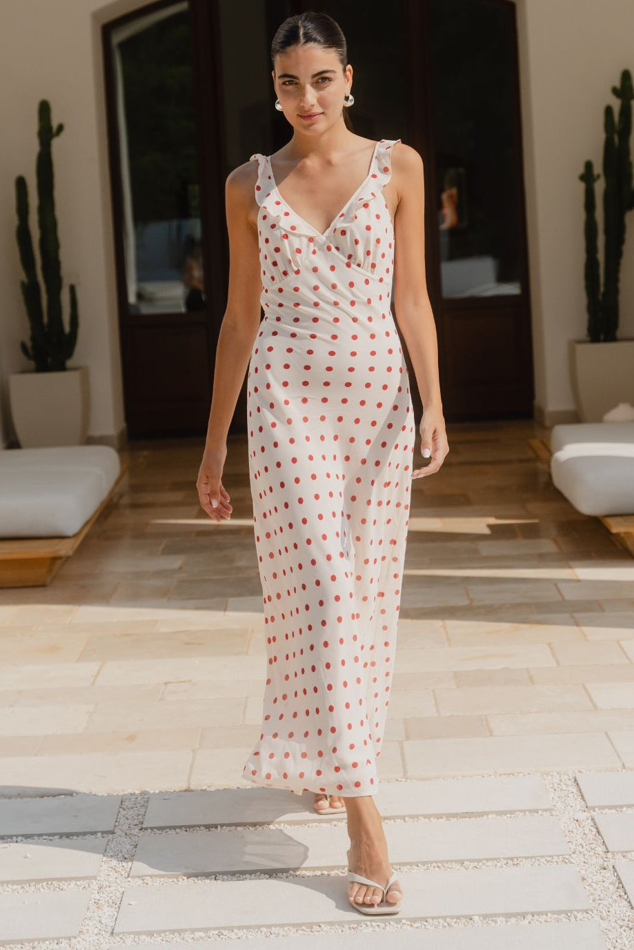 Delightful Cream Cherry Polka Dot Georgette Bias Slip Maxi Dress