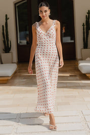 Delightful Cream Cherry Polka Dot Georgette Bias Slip Maxi Dress