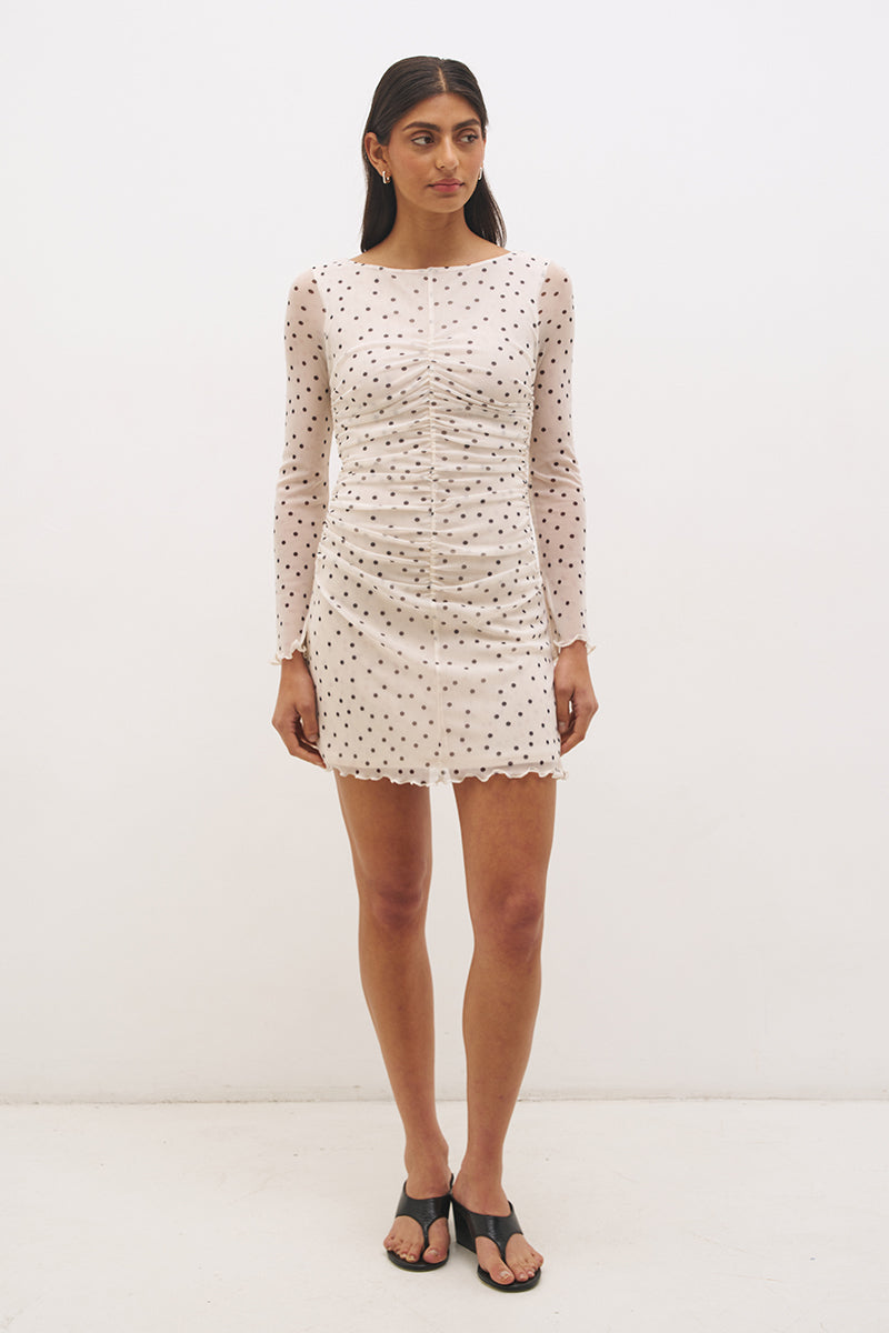 Vesper Spot Long Sleeve Mini Dress Cream Base Polka Dot