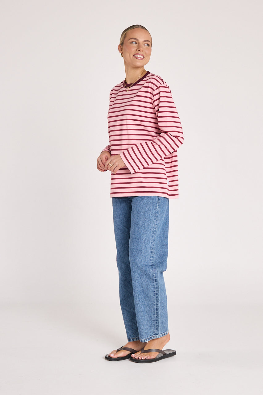 Carter Long Sleeve Tee - Burgundy Pink Stripe