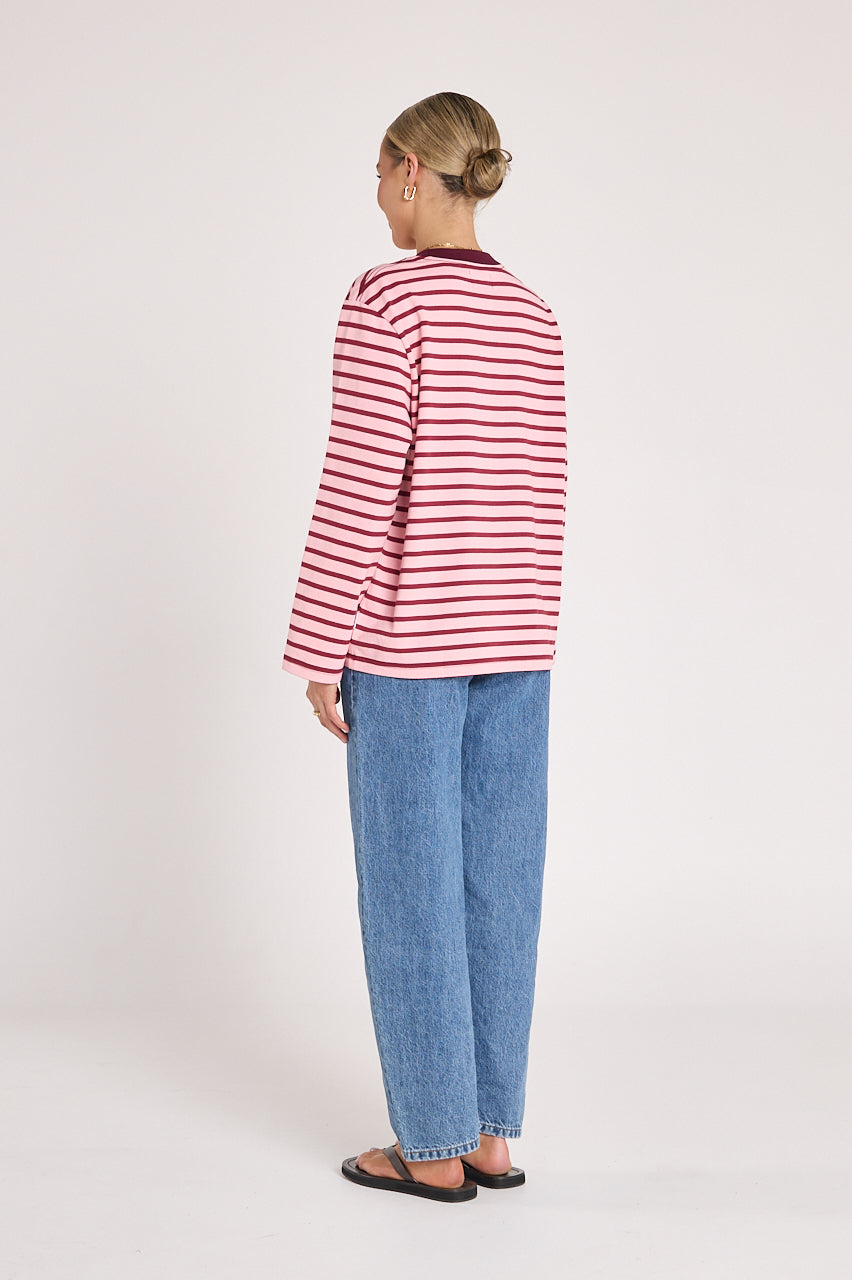 Carter Long Sleeve Tee - Burgundy Pink Stripe