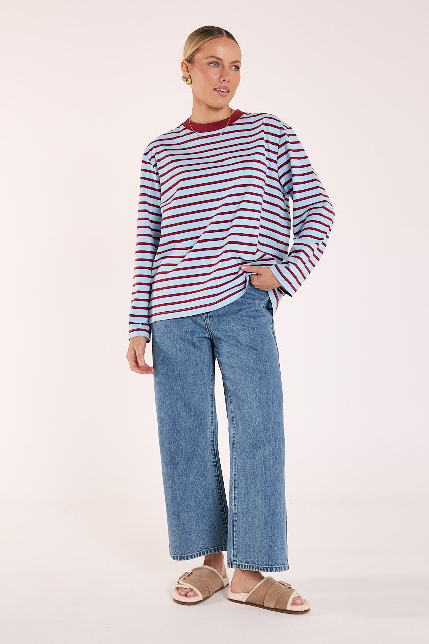Carter Long Sleeve Tee - Wine Blue Stripe