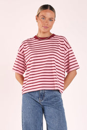 Carter Boxy Tee Pink Burgundy Stripe
