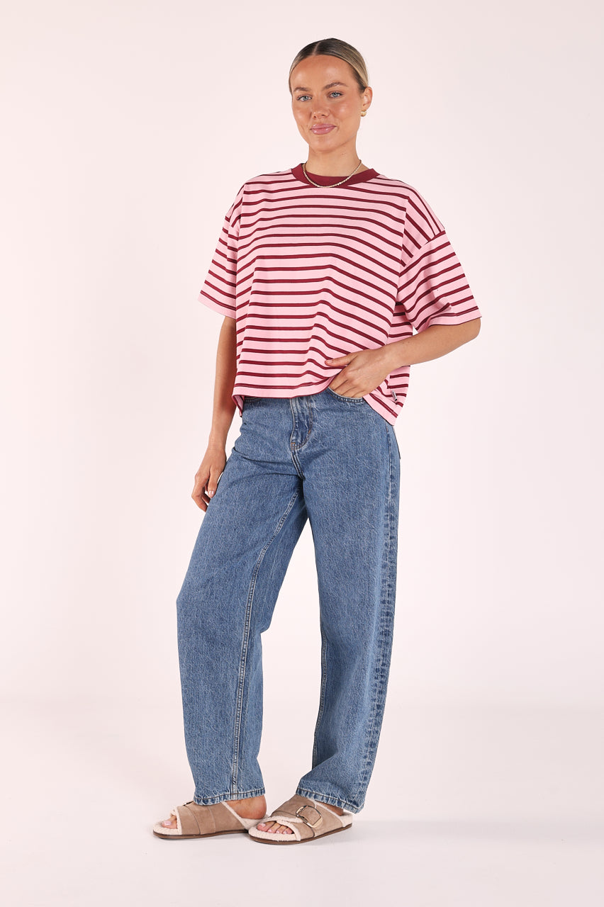 Carter Boxy Tee Pink Burgundy Stripe