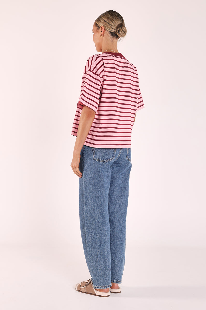Carter Boxy Tee Pink Burgundy Stripe