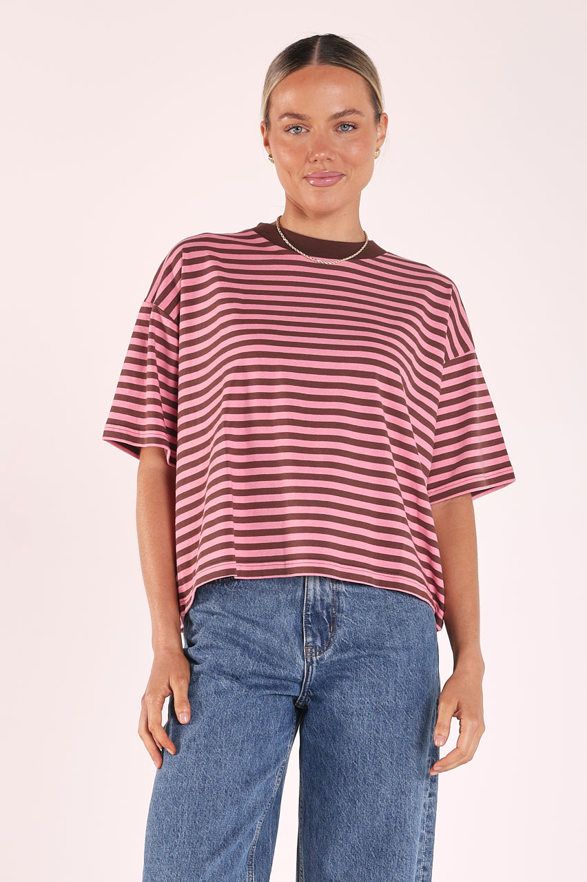Carter Boxy Tee Pink Chocolate Stripe