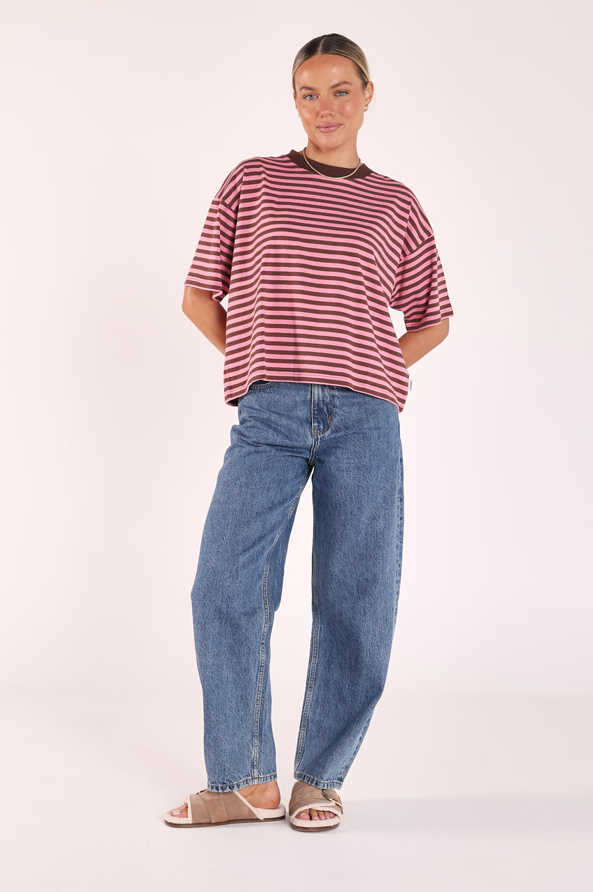 Carter Boxy Tee Pink Chocolate Stripe
