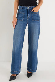 Zoey Marine Blue Petite High Rise Wide Leg Pocket Jean