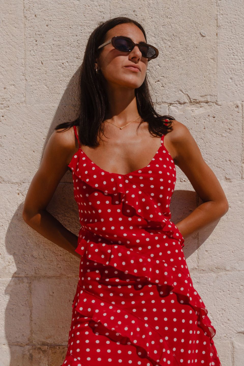 Passion Cherry Ditsy Polka Dot Bias Ruffle Mini Slip Dress