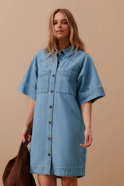 AVA SHORT SLEEVE YOKE DETAIL MINI DRESS/VINTAGE BLUE
