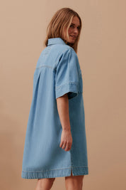 AVA SHORT SLEEVE YOKE DETAIL MINI DRESS/VINTAGE BLUE