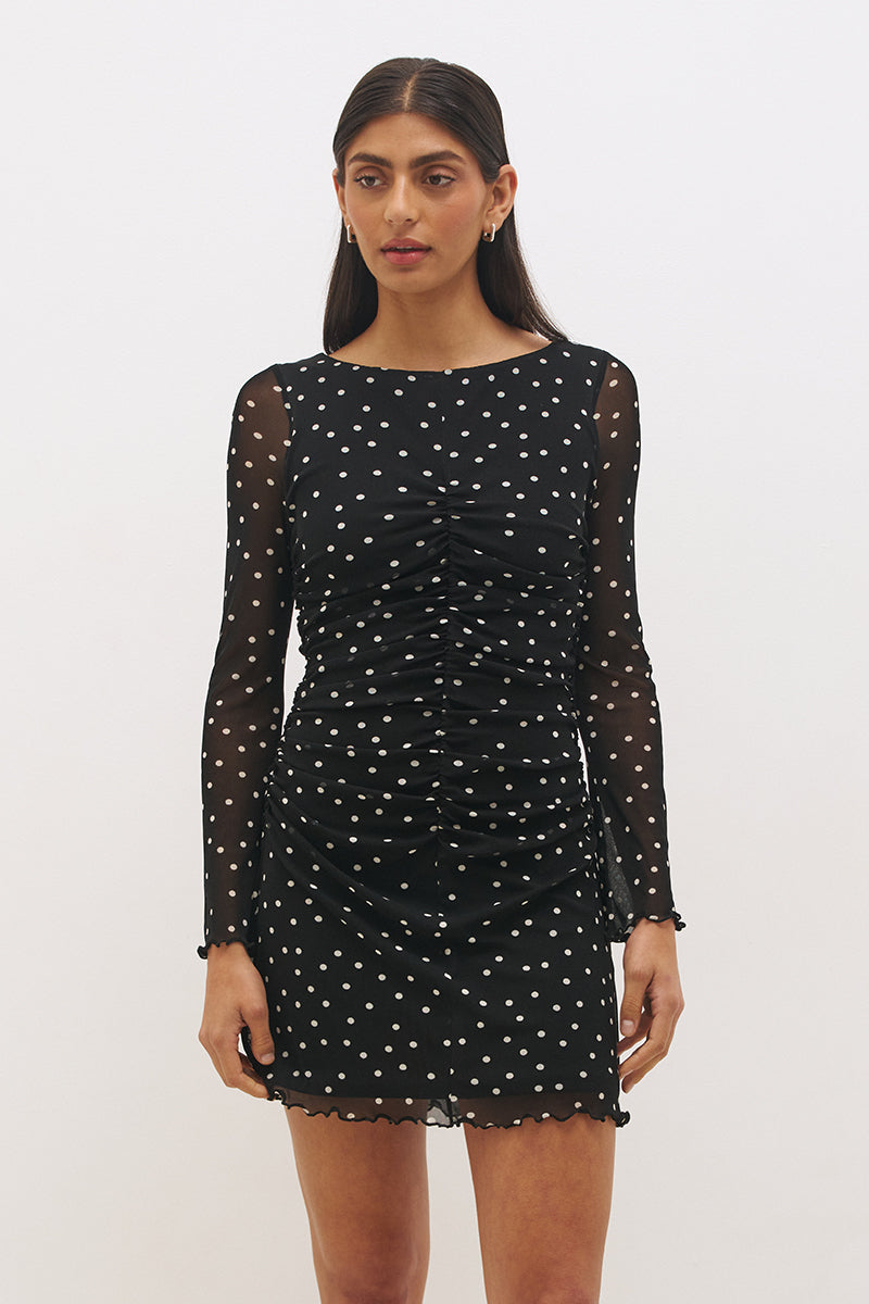 Vesper Spot Long Sleeve Mini Dress Black Base Polka Dot