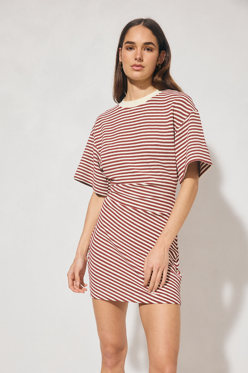 Aura Mini Dress Burgandy Cream Stripe