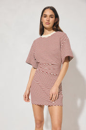 Aura Mini Dress Burgandy Cream Stripe