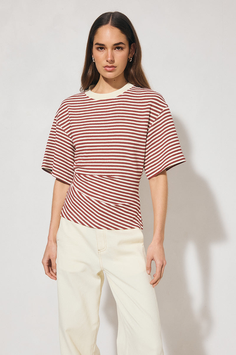 Aura Tee Burgandy Cream Stripe