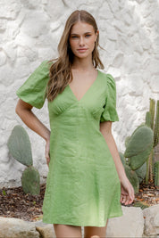 Adelaide Apple Linen Puff Sleeve Panelled Mini Dress
