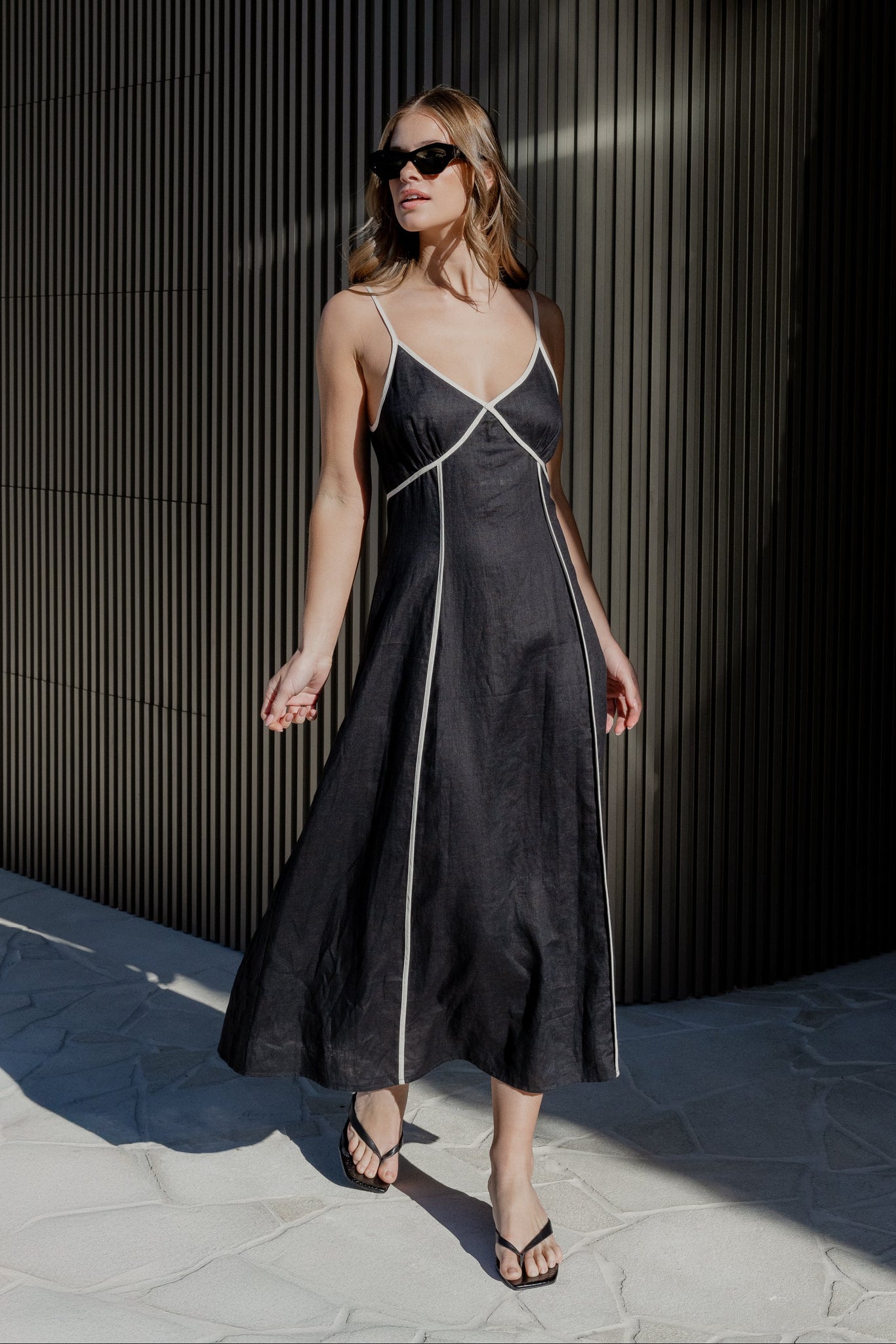 Marine Black Contrast Piped Linen Strappy Maxi Dress