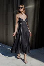 Marine Black Contrast Piped Linen Strappy Maxi Dress
