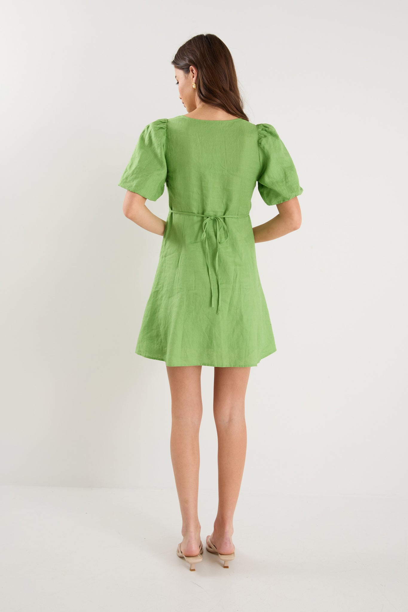 Adelaide Apple Linen Puff Sleeve Panelled Mini Dress