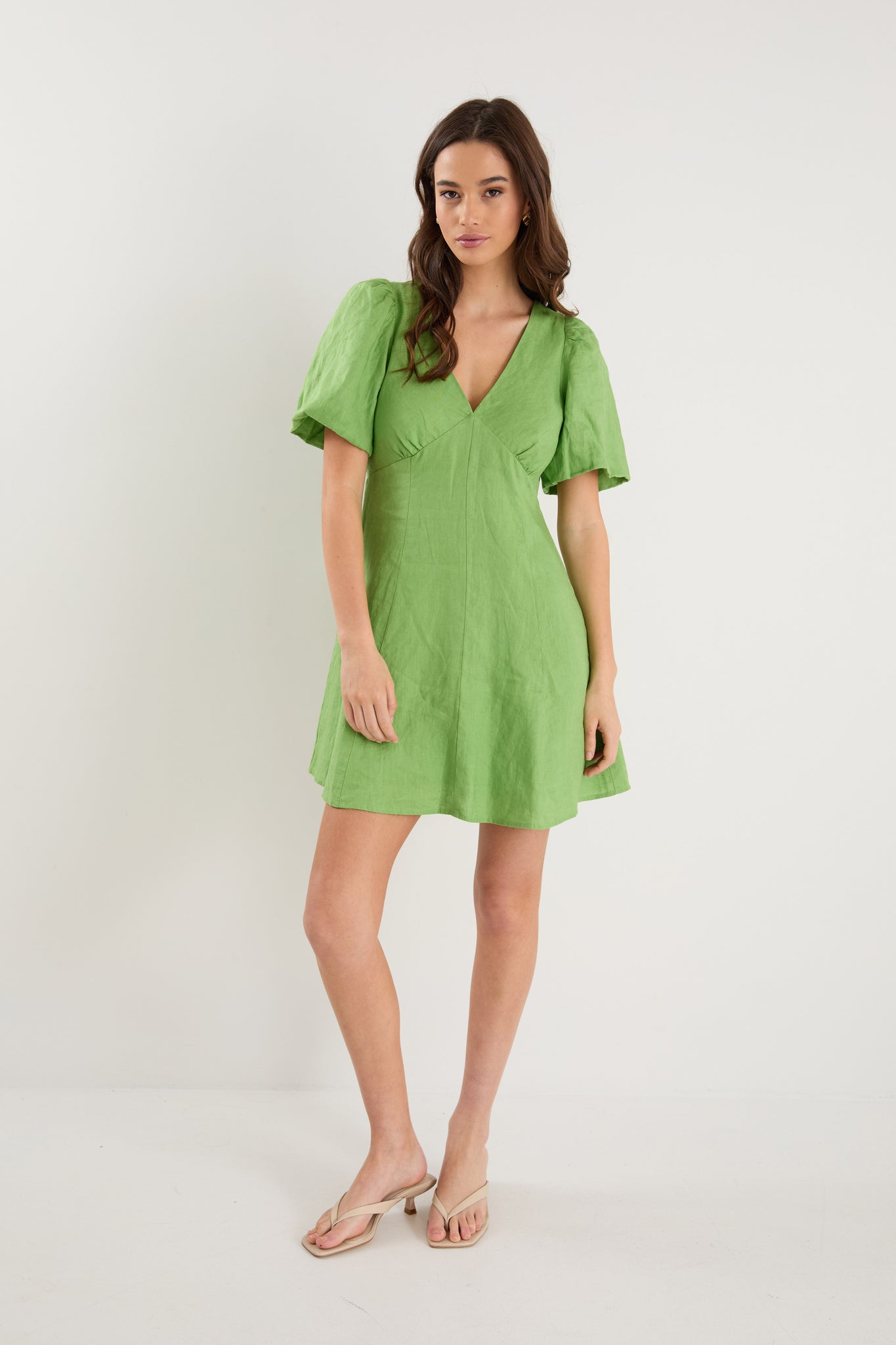 Adelaide Apple Linen Puff Sleeve Panelled Mini Dress
