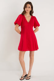Adelaide Cherry Linen Puff Sleeve Panelled Mini Dress