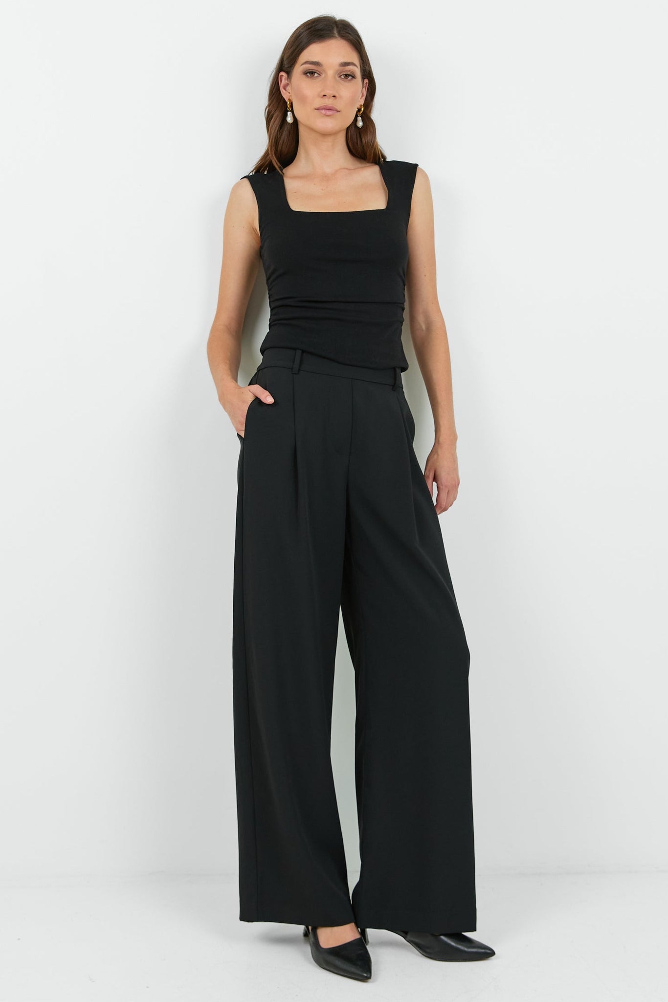 Business Black Wide Leg Pleat Front Pants