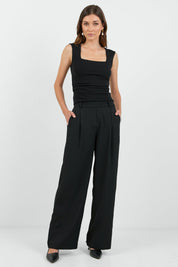 Business Black Wide Leg Pleat Front Pants