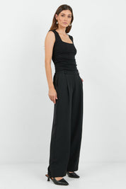 Business Black Wide Leg Pleat Front Pants