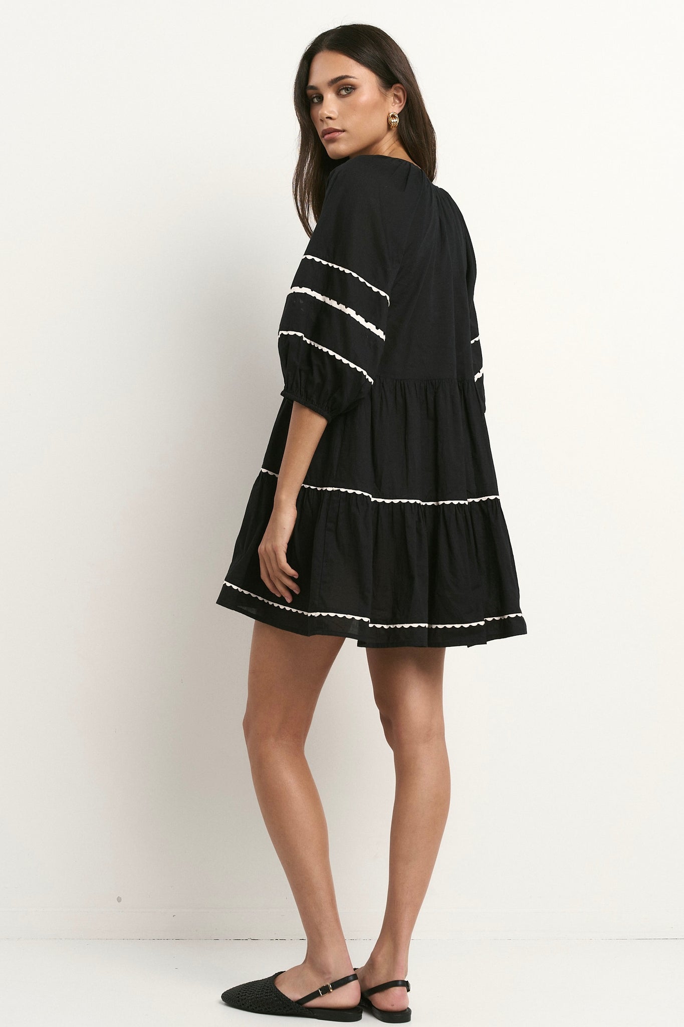 Again Black SS Tiered Smock Dress