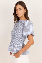 Artifact Pale Blue Stripe Shirred Bubble Sleeve Top