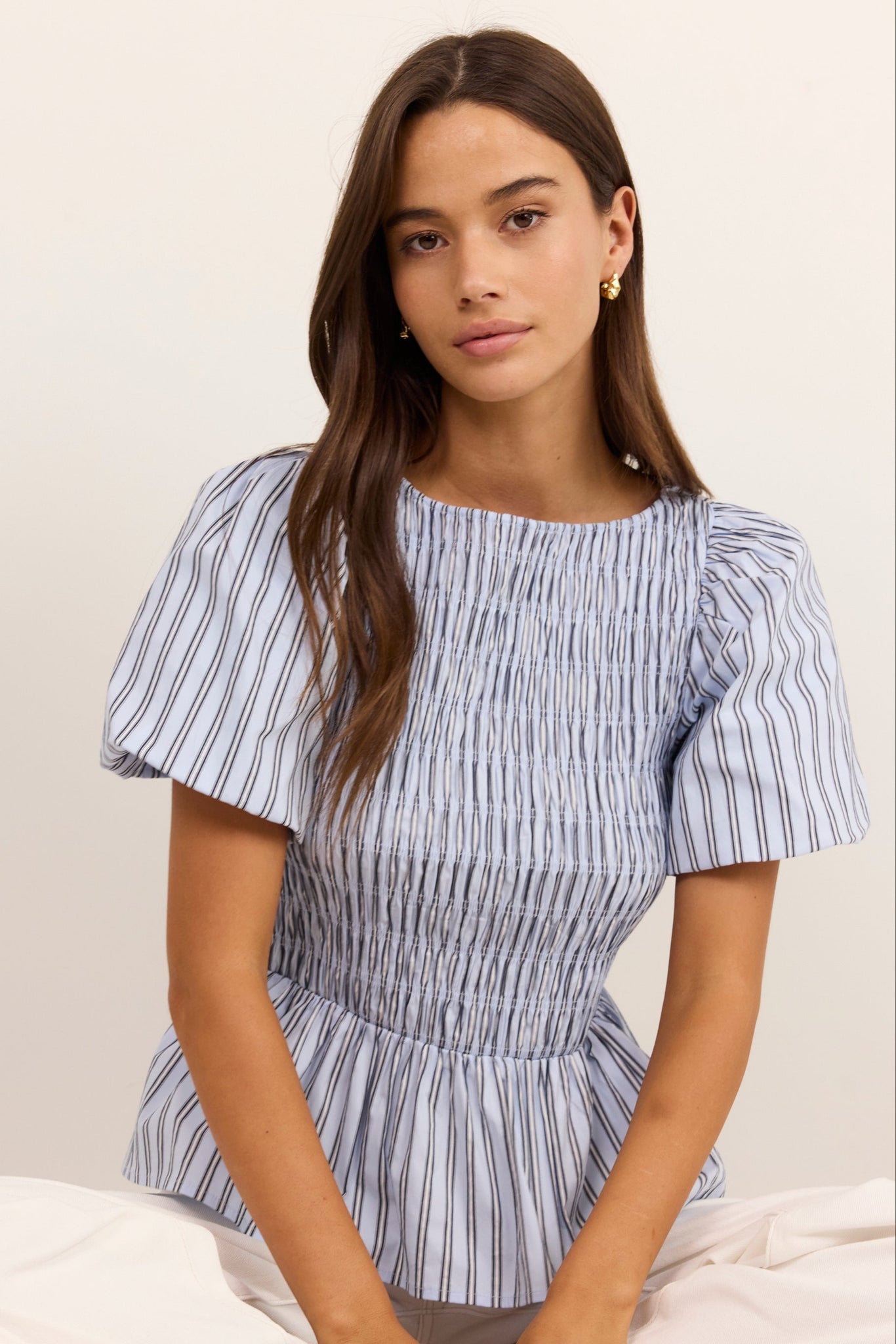 Artifact Pale Blue Stripe Shirred Bubble Sleeve Top