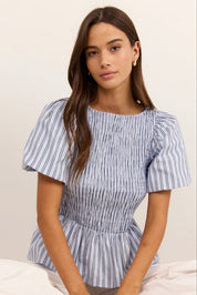 Artifact Pale Blue Stripe Shirred Bubble Sleeve Top