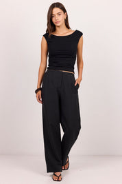 Charmed Soft Black Pleat Front Wide Leg Pants