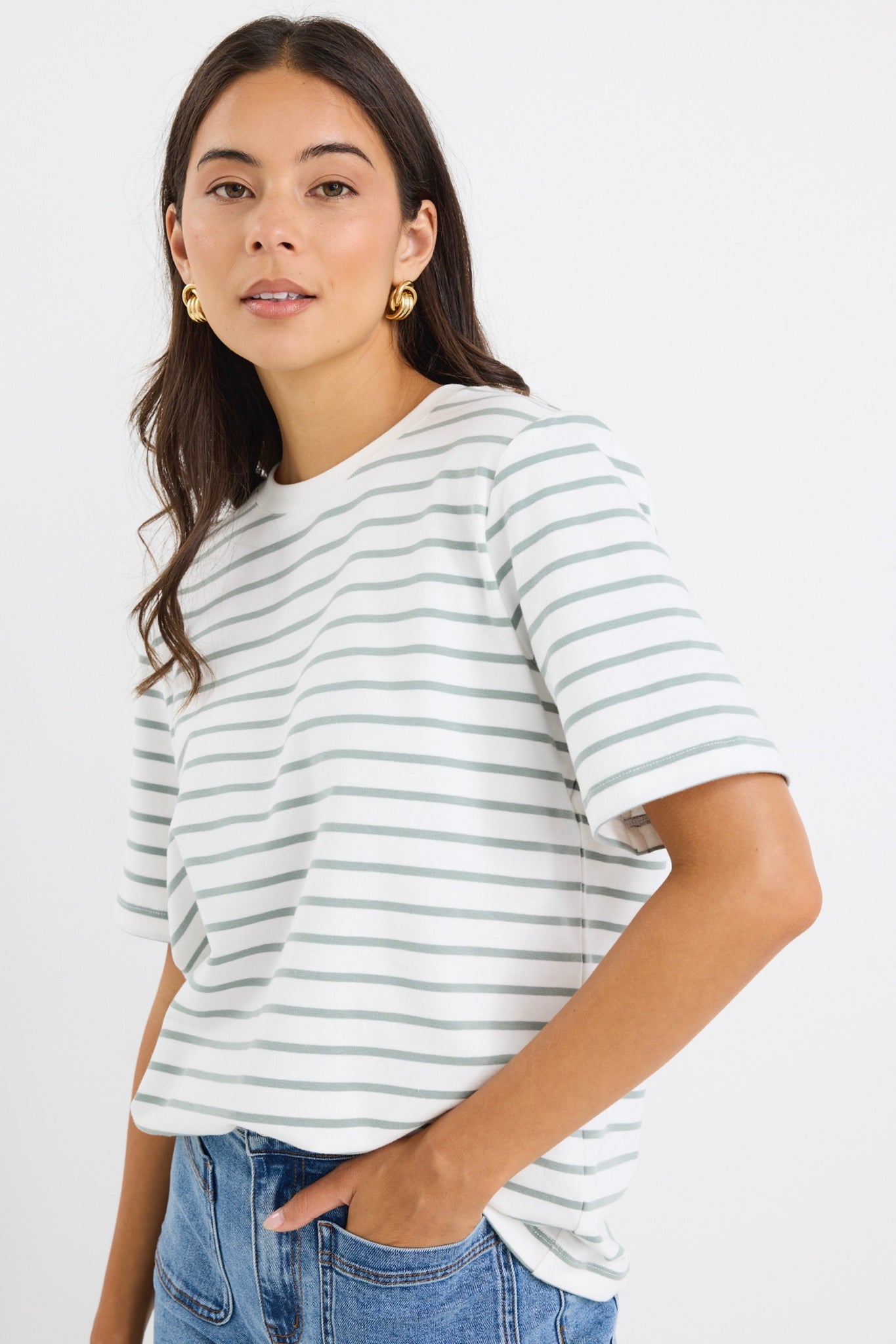 Binding Khaki White Stripe Boxy Fit Tee