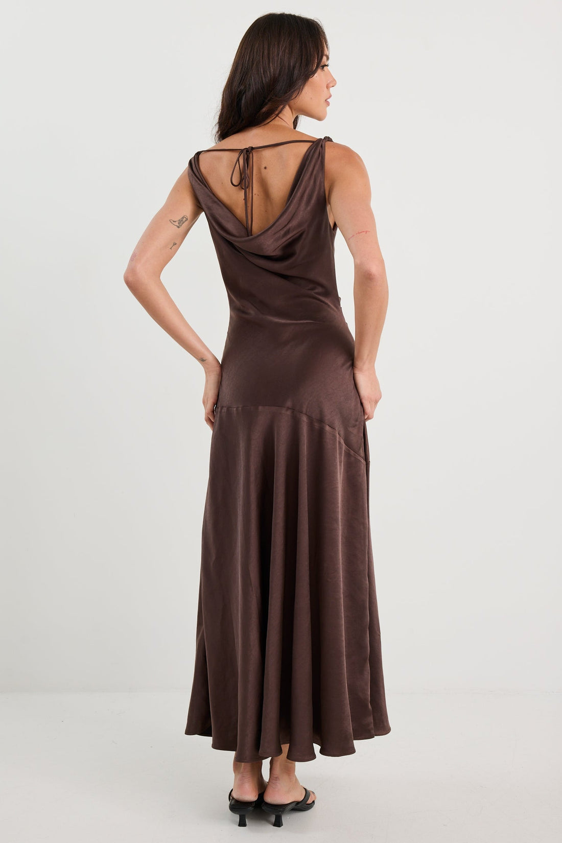 Bountiful Chocolate Satin Tie Back Bias Slip Dress