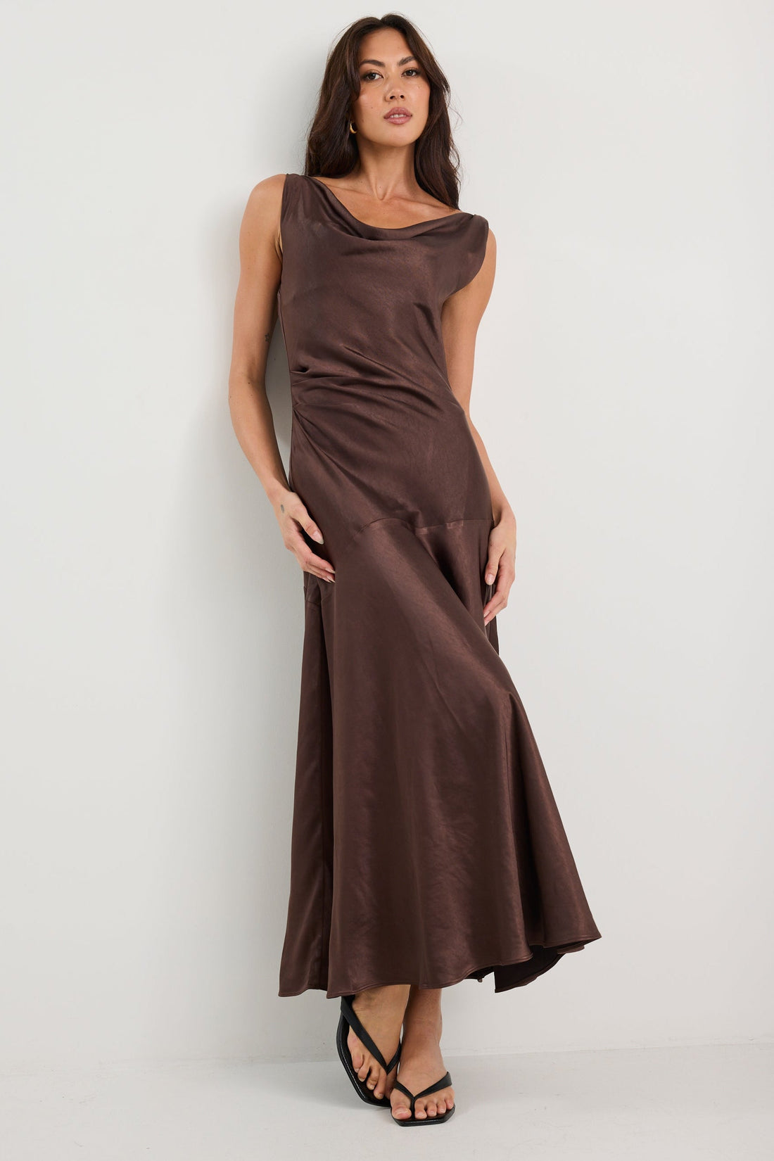 Bountiful Chocolate Satin Tie Back Bias Slip Dress