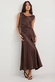 Bountiful Chocolate Satin Tie Back Bias Slip Dress