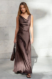 Bountiful Chocolate Satin Tie Back Bias Slip Dress