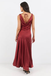 Bountiful Paprika Satin Tie Back Bias Slip Maxi Dress