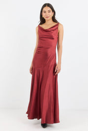 Bountiful Paprika Satin Tie Back Bias Slip Maxi Dress