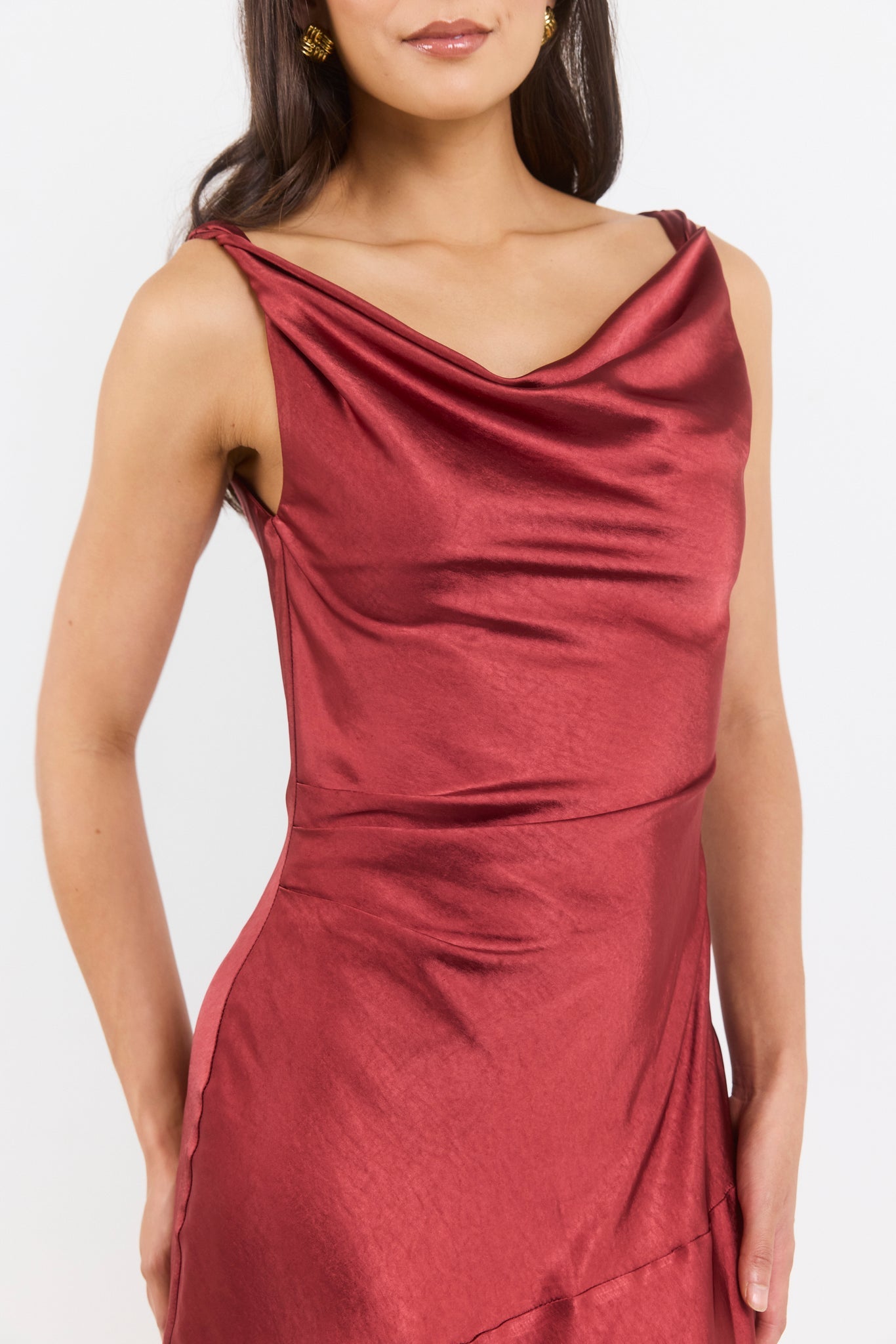 Bountiful Paprika Satin Tie Back Bias Slip Maxi Dress