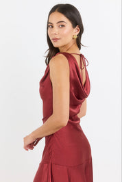 Bountiful Paprika Satin Tie Back Bias Slip Maxi Dress