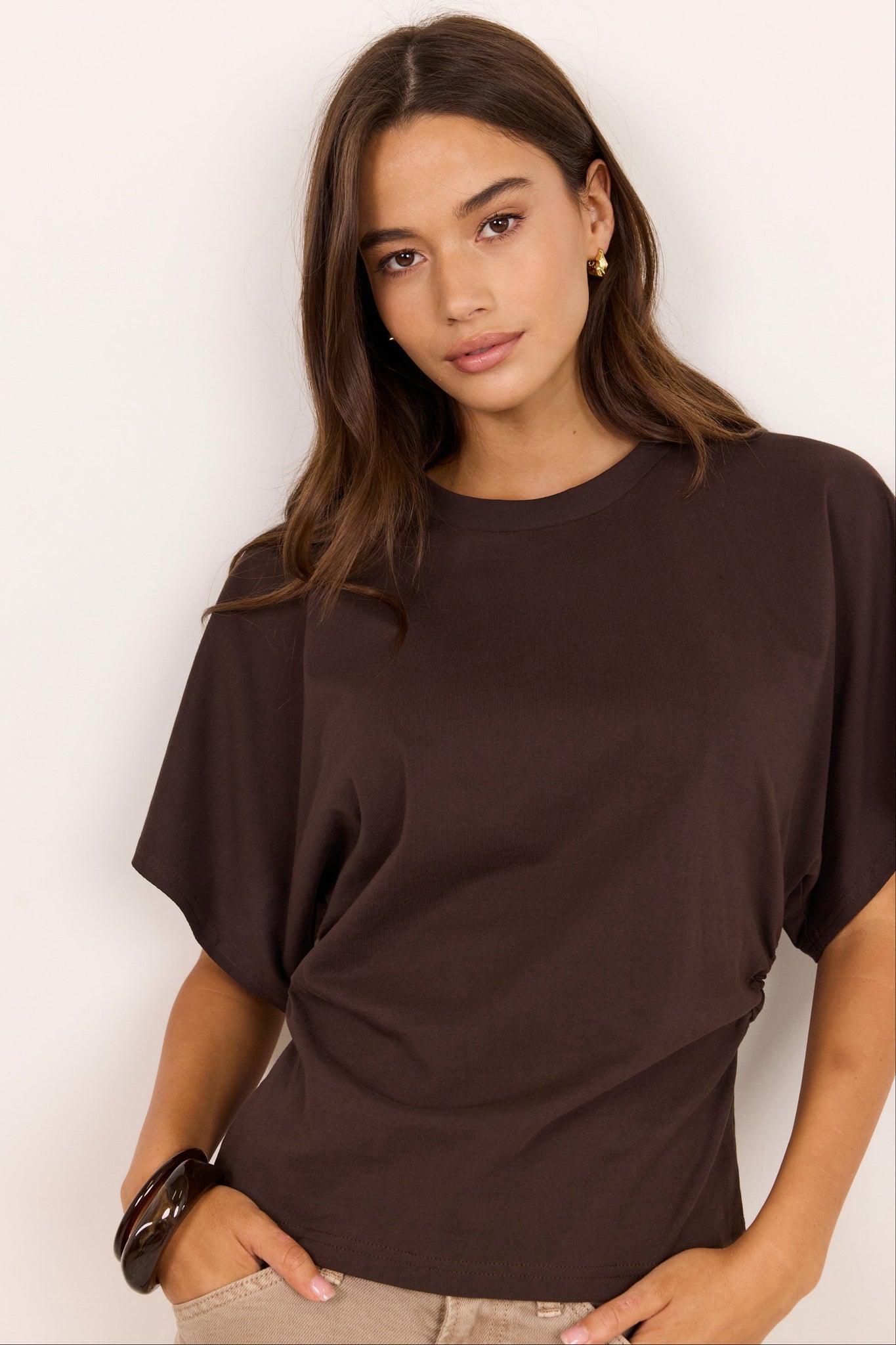 Cadence Chocolate Cotton Gathered Waist Detail Short Sleeve Tee