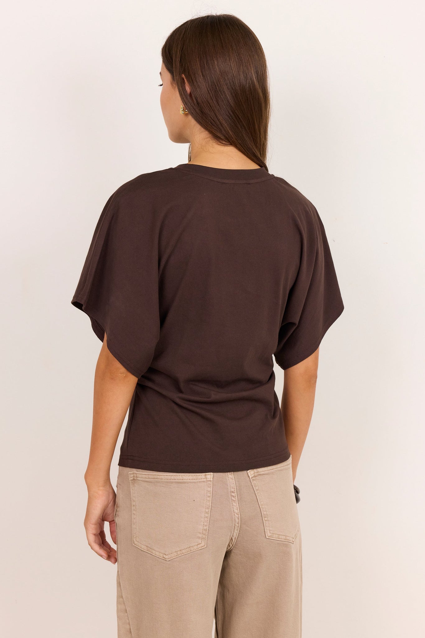 Cadence Chocolate Cotton Gathered Waist Detail Short Sleeve Tee