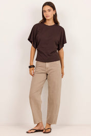 Cadence Chocolate Cotton Gathered Waist Detail Short Sleeve Tee