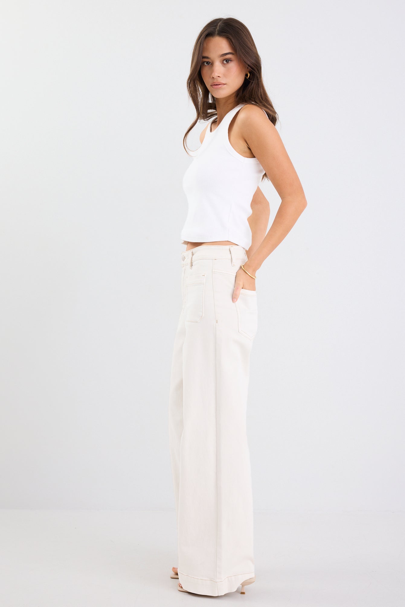 Zoey Ecru High Rise Wide Leg Pocket Jean