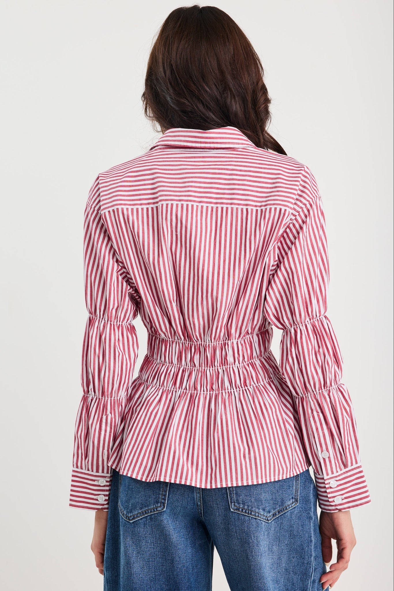 Composite Burgundy Plum Stripe Shirred Body Shirt